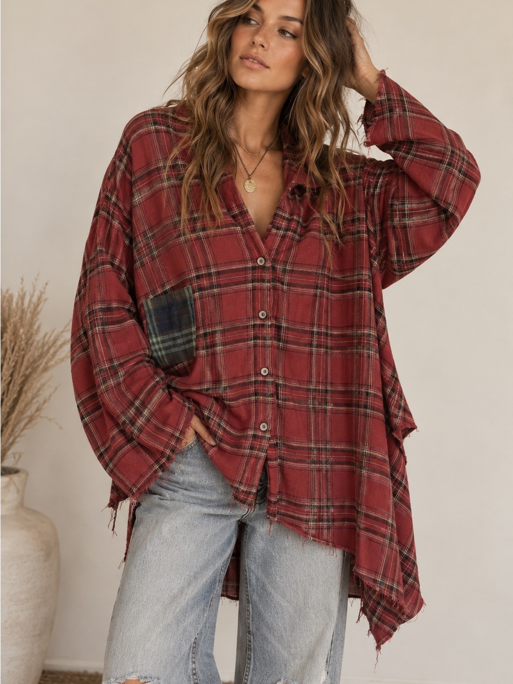 NWT | POL Oversized Red Plaid Distressed Button Down Shirt